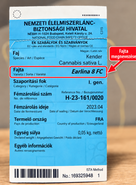 Vetőmagcímke: a Fajta sorban az Earlina 8 FC megnevezés piros kerettel és nyíllal kiemelve.